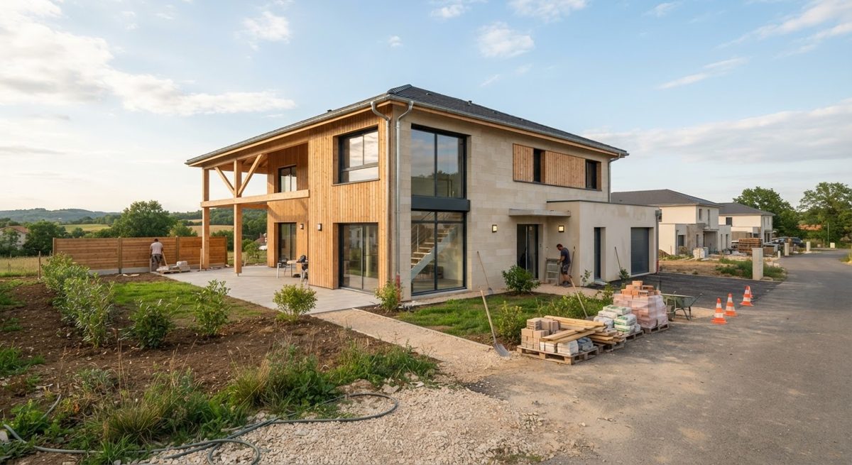 Maison neuve à deux étages en bois et pierre, en cours de construction